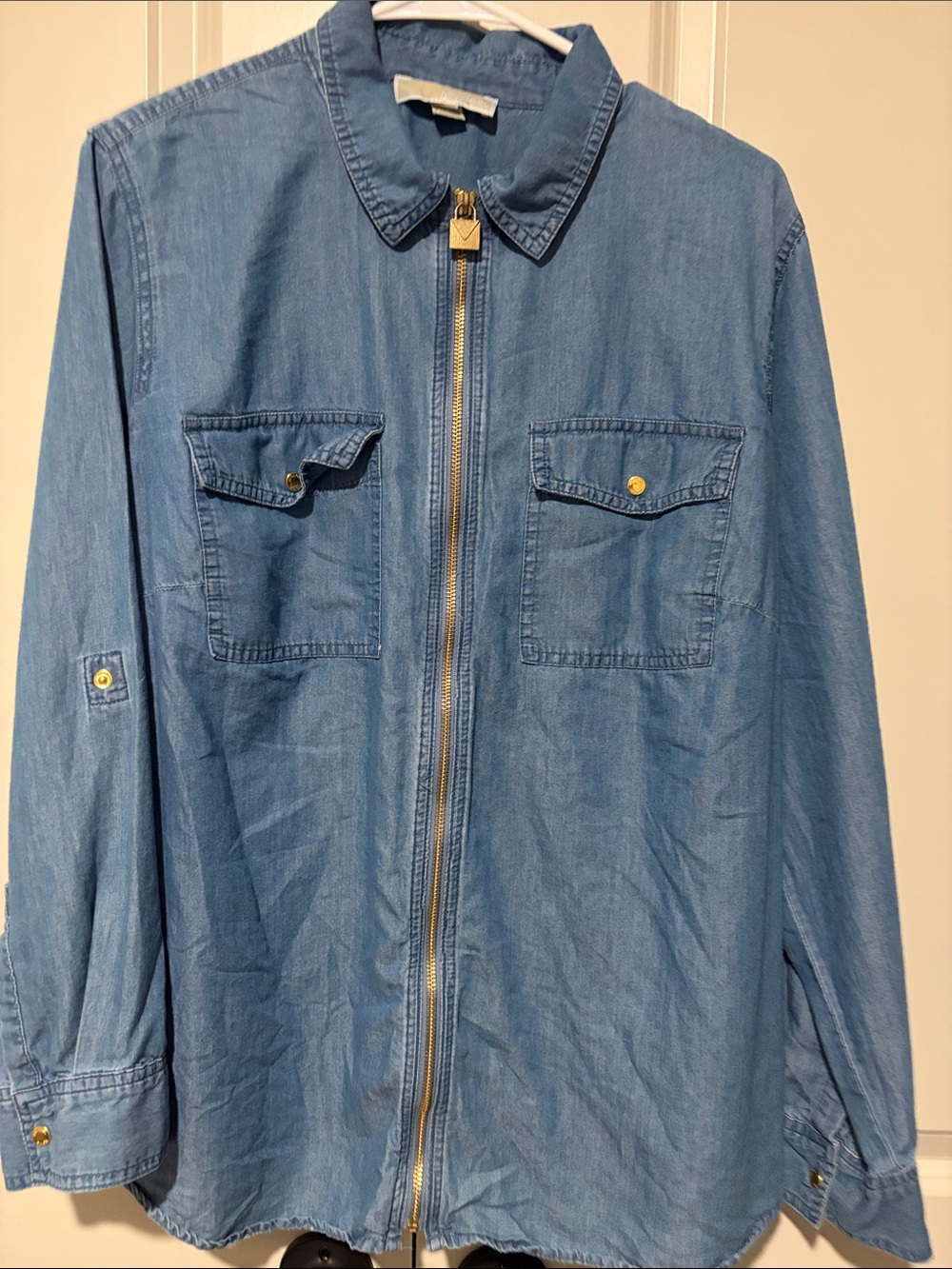 Michael Kors Light Blue Denim Zip Shirt Jacket with Gold Hardware